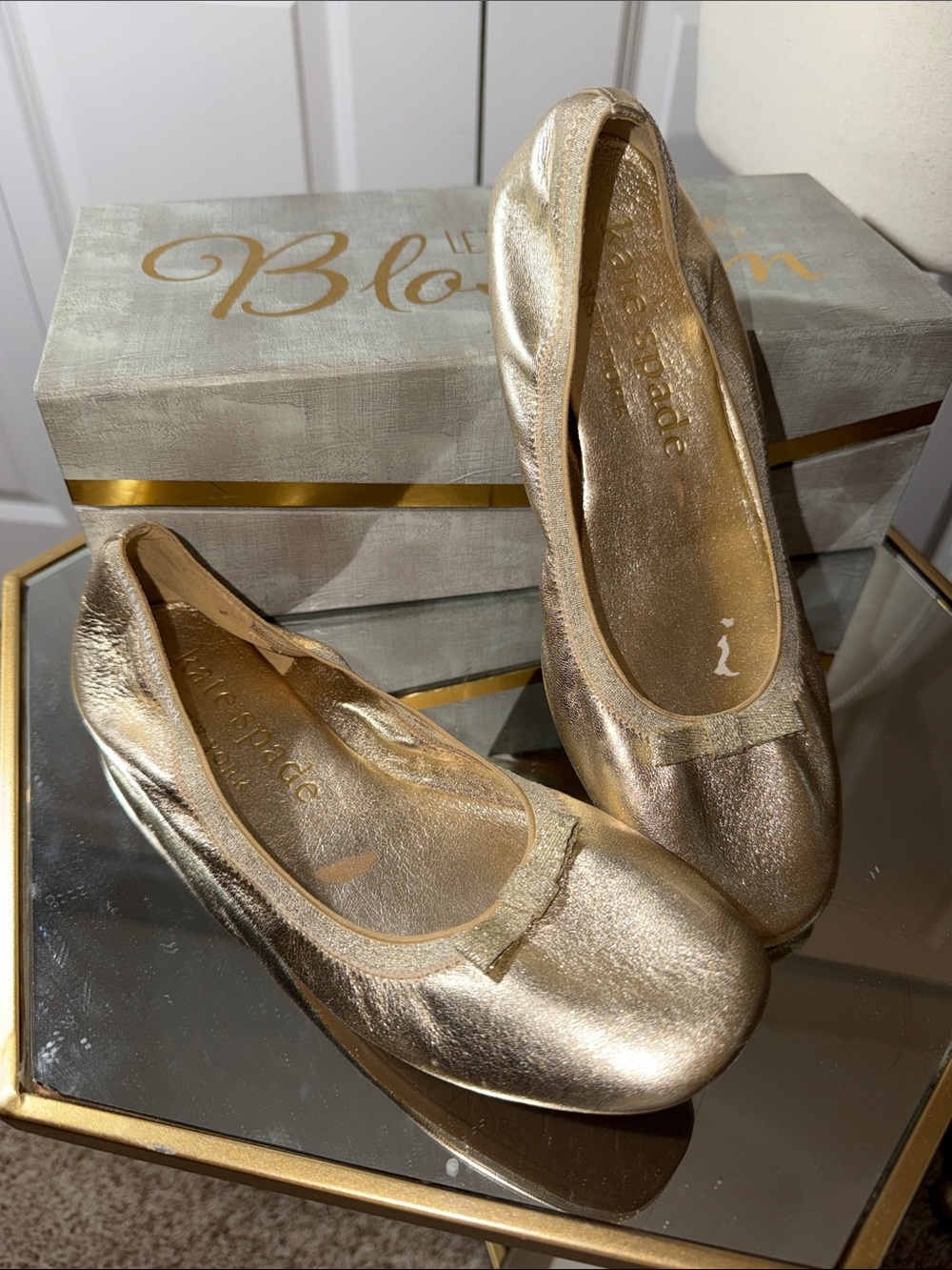 kate spade Metallic Gold Ballet Flats with Bow Detail